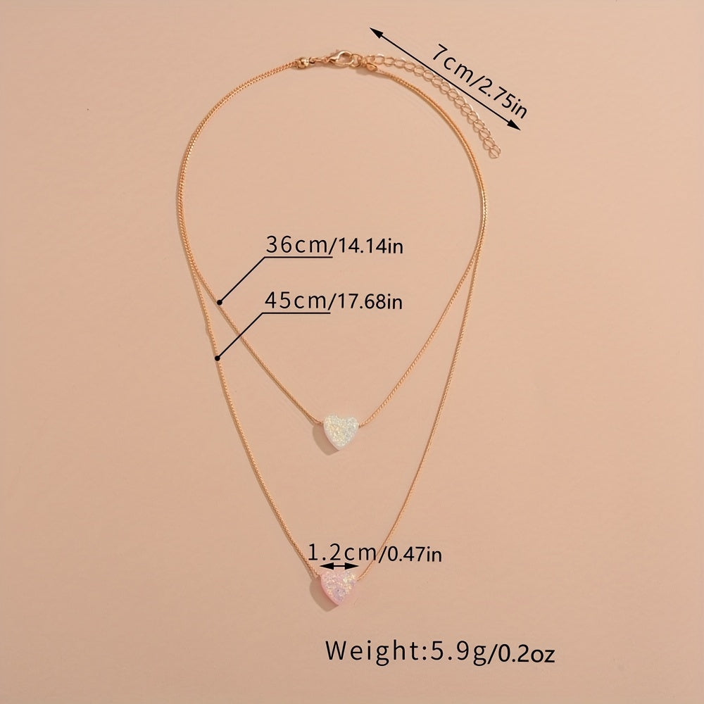 Acrylic Love Heart Pendant Double Layer Stacking Alloy Necklace For Women Girls