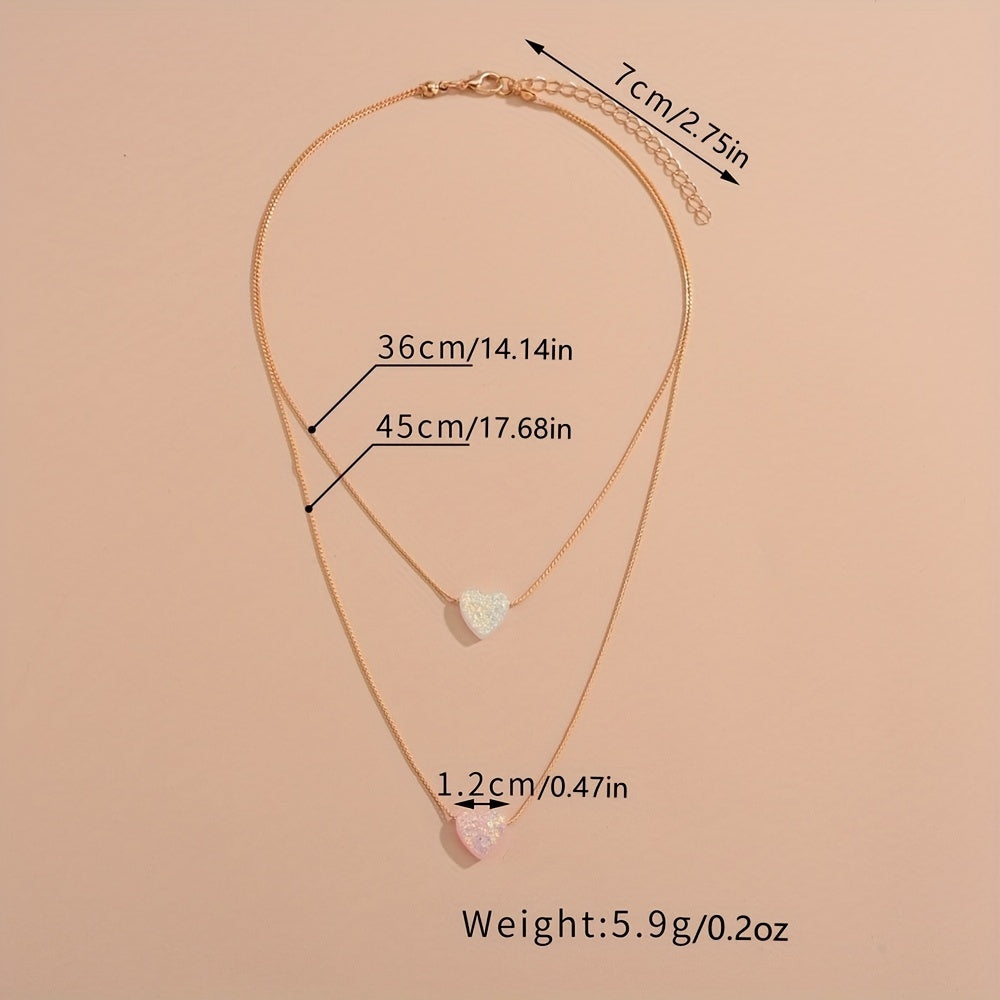 Acrylic Love Heart Pendant Double Layer Stacking Alloy Necklace For Women Girls