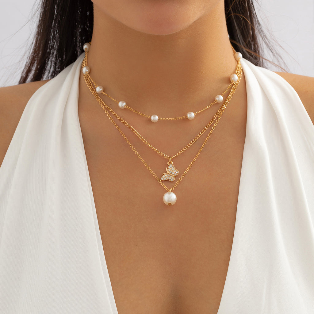 Gorgeous 3-Piece Butterfly Pearl Necklace Set - Choker Chain & Double Necklace - Perfect for Any Occasion!