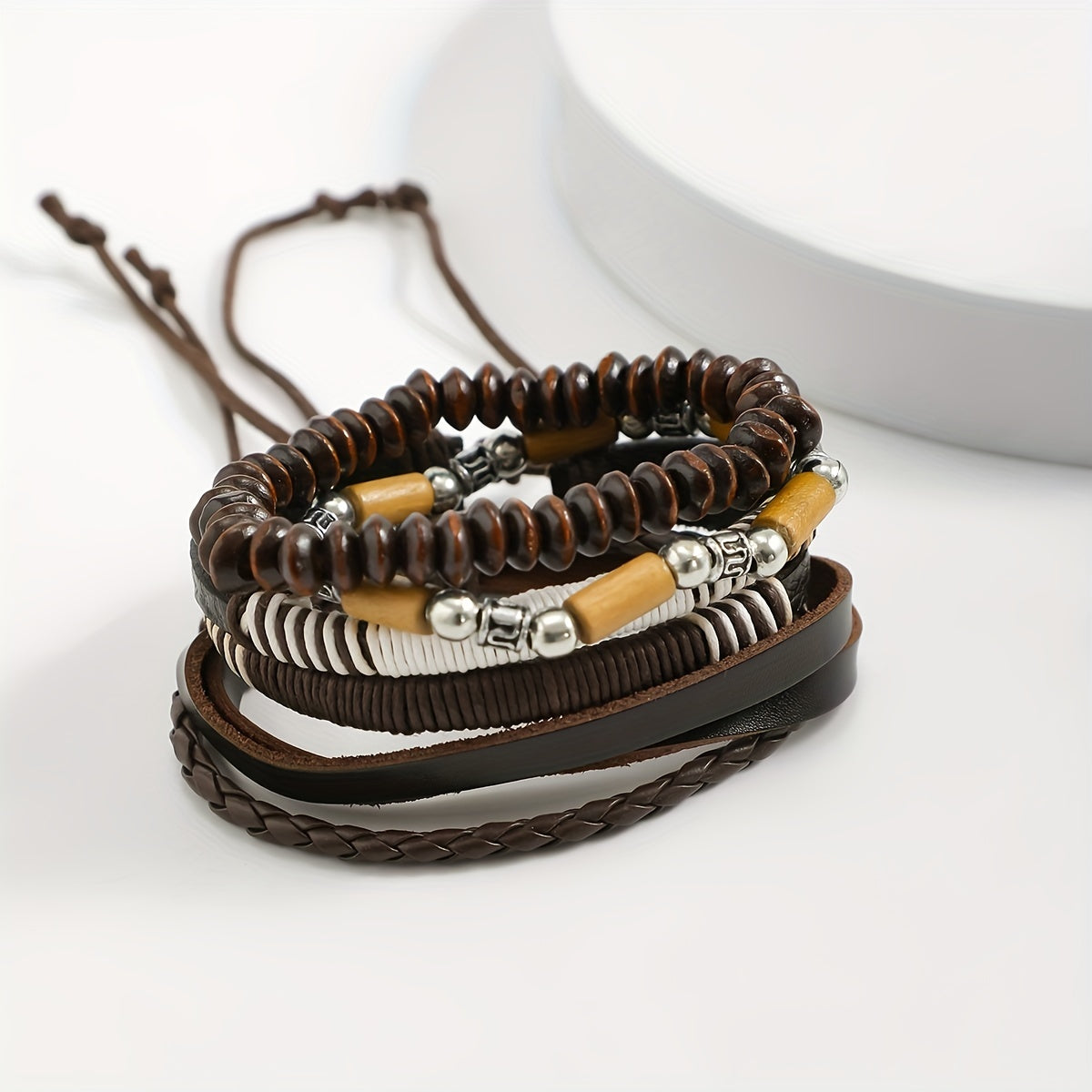 4pcs/set Vintage Exaggerated PU Beads Wooden Beads Braided Adjustable Bracelet For Women Men Unisex Accessories