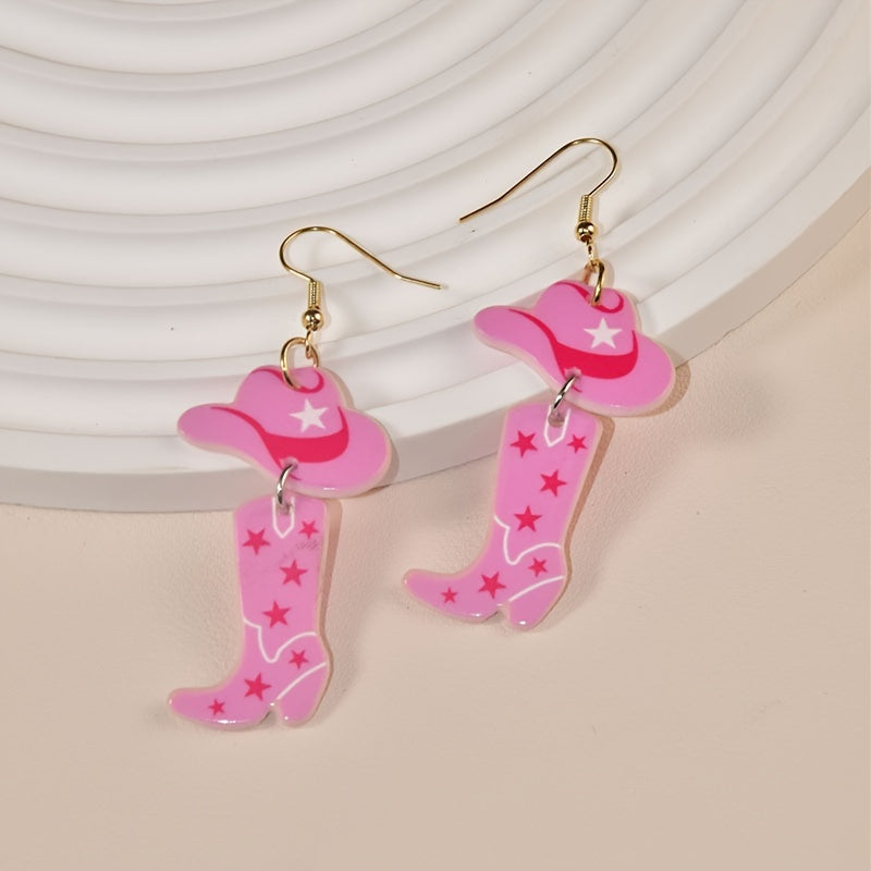 1 Pair Western Cowboy Style Acrylic Earrings Pink Hat Boots Balloon Mushroom Butt Hook Earrings For Barbie Pink Y2K Jewelry Accessories