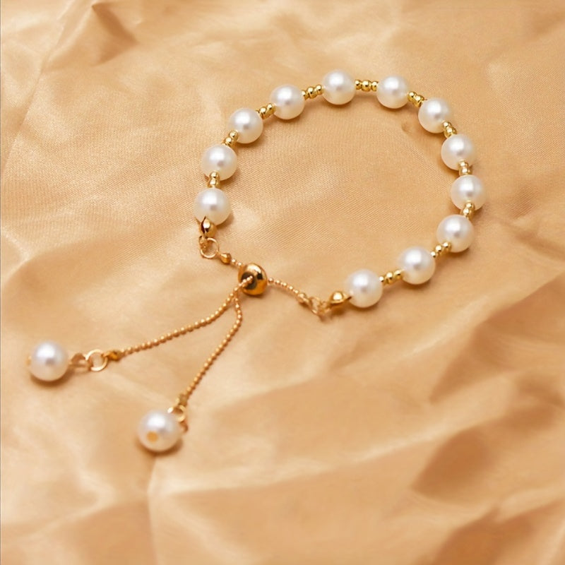 Faux Pearls Beaded Bracelet Adjustable Hand Jewelry For Women & Girls 1 Pc