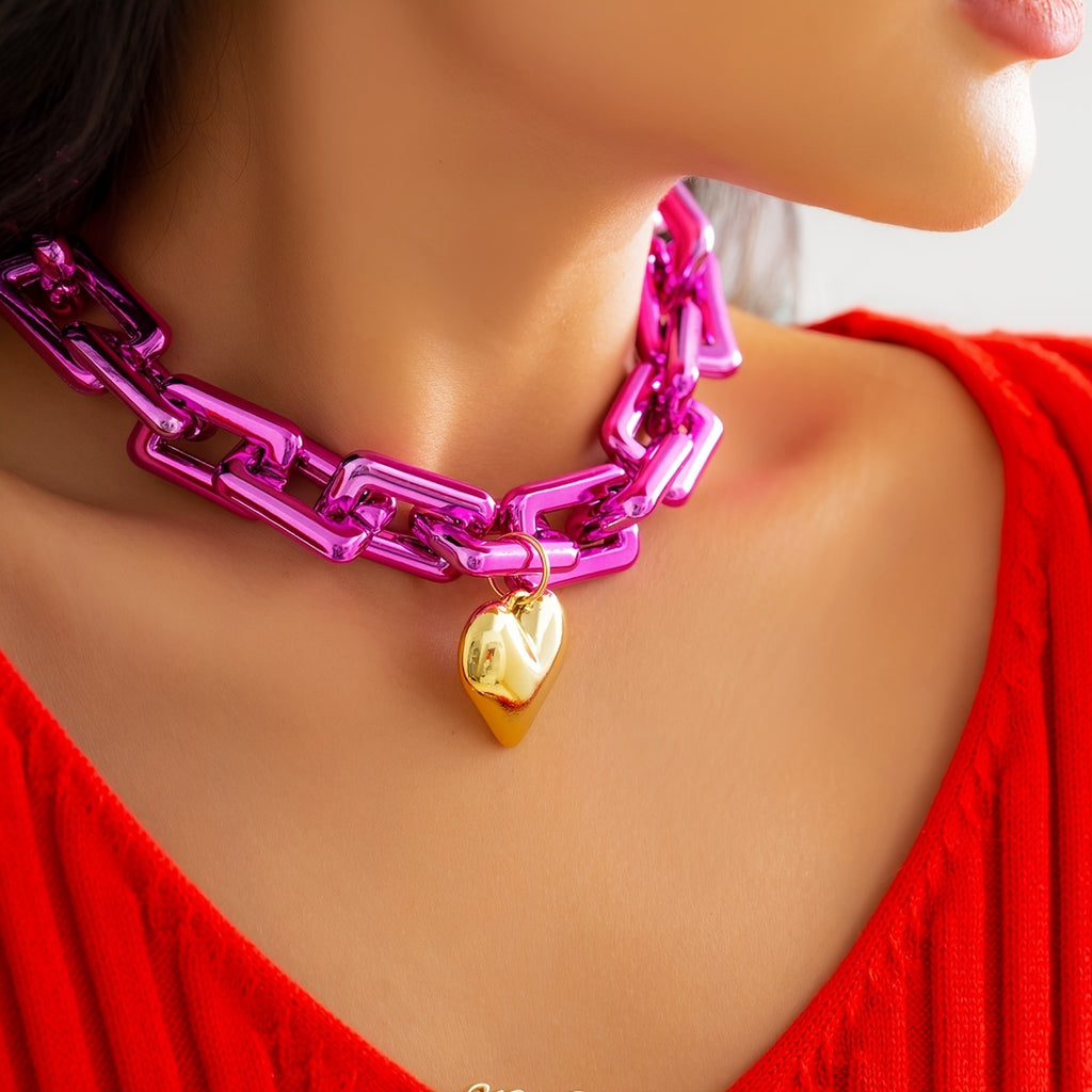 Make a Statement with our Exaggerated Fashion Geometric Square Buckle Necklace featuring a Cute Heart-Shaped Pendant - Perfect for Parties and Gifting!