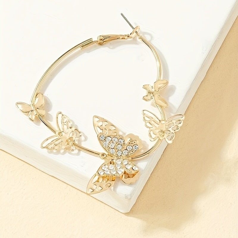 Heart Shape With Exquisite Golden Butterflies Decor Shiny Rhinestone Inlaid Hoop Earrings Cute Vocation Style Trendy Female Gift