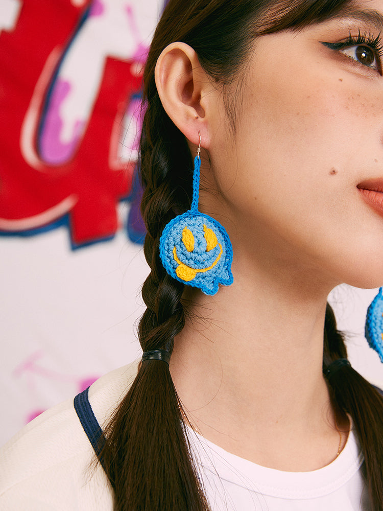 LB Hand Crochet "Funny Smiling Face" Earrings Long Ear Clip LOJL100