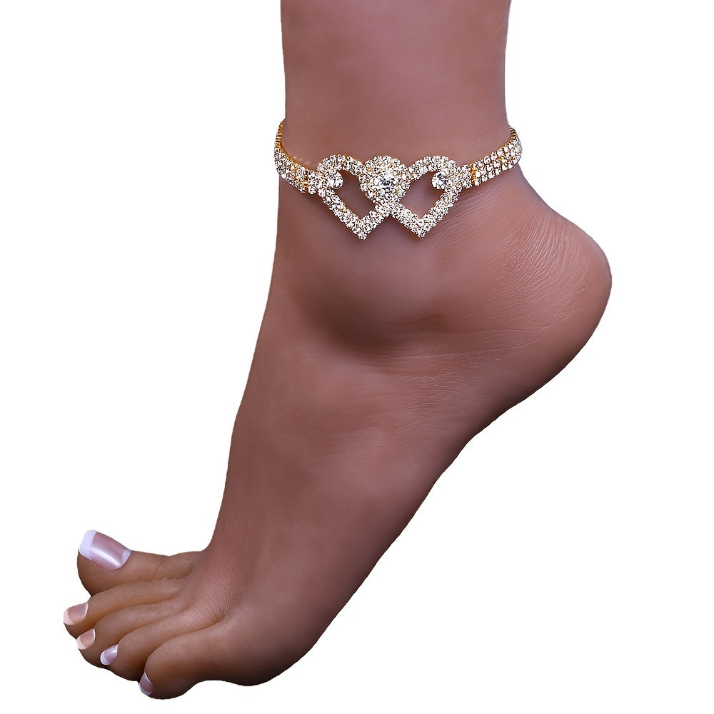 2 Pcs Double Love Heart Rhinestone Chain Anklet Set Shiny Beach Foot Jewelry Wedding Accessories