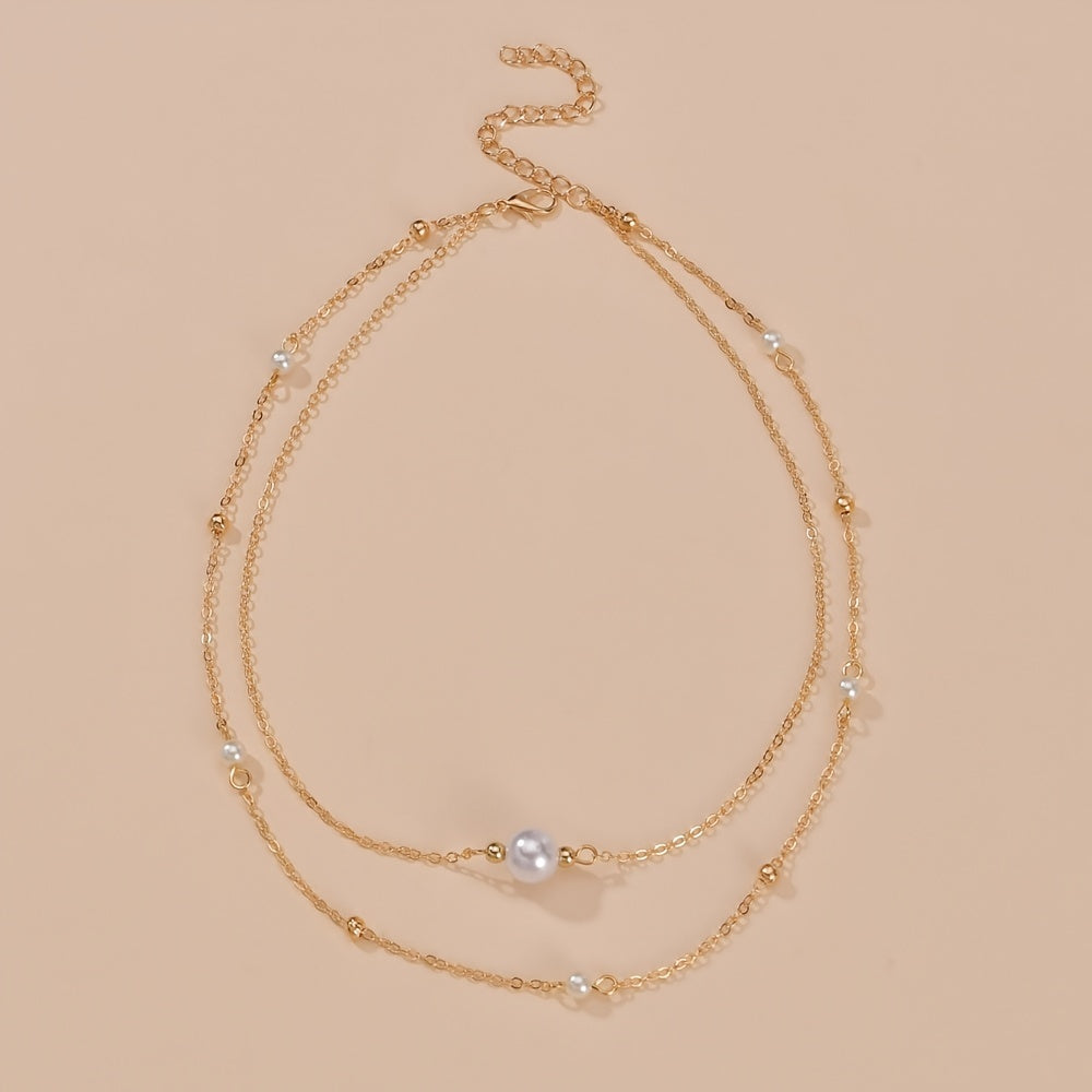 Large Faux Pearl Double Layer Stacking Ladies Necklace Alloy Neck Jewelry Gift