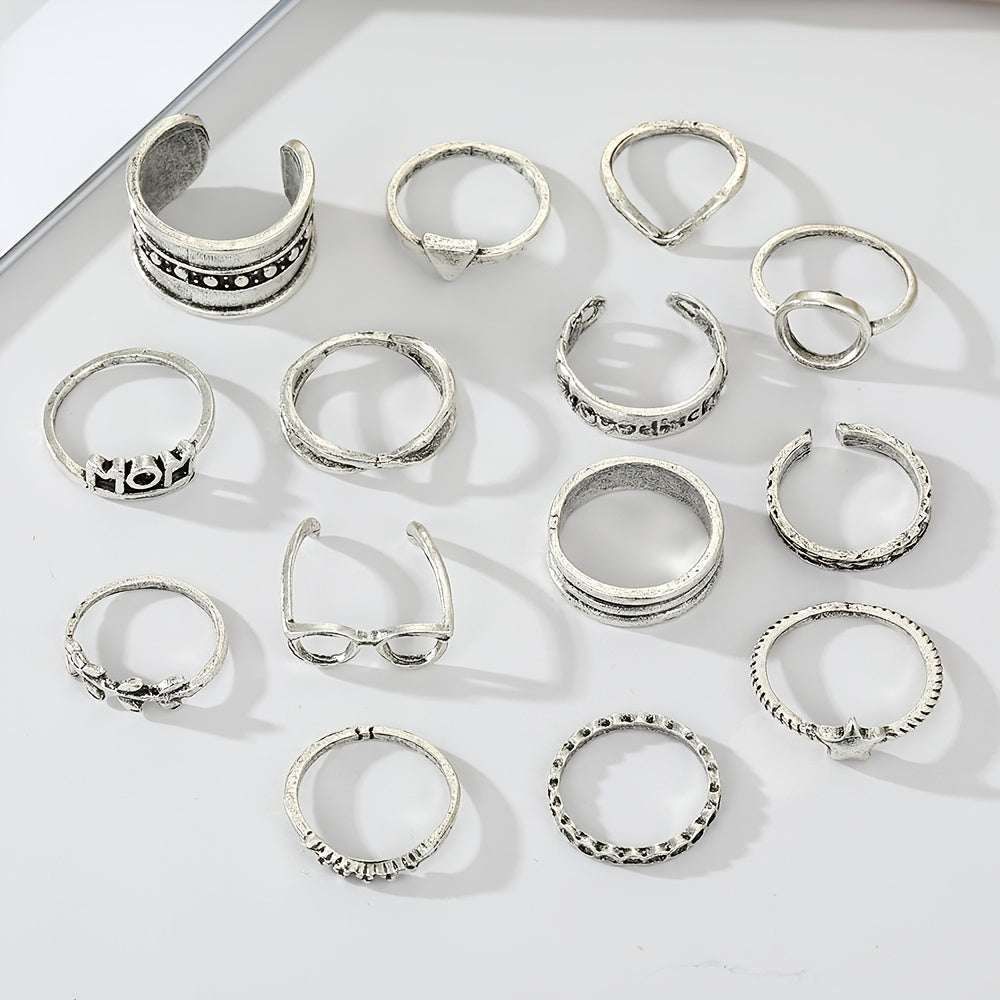 14 Pieces Star Leaf Circle Geometric Alphabet Ring Set Women's Fashion Jewelry Set