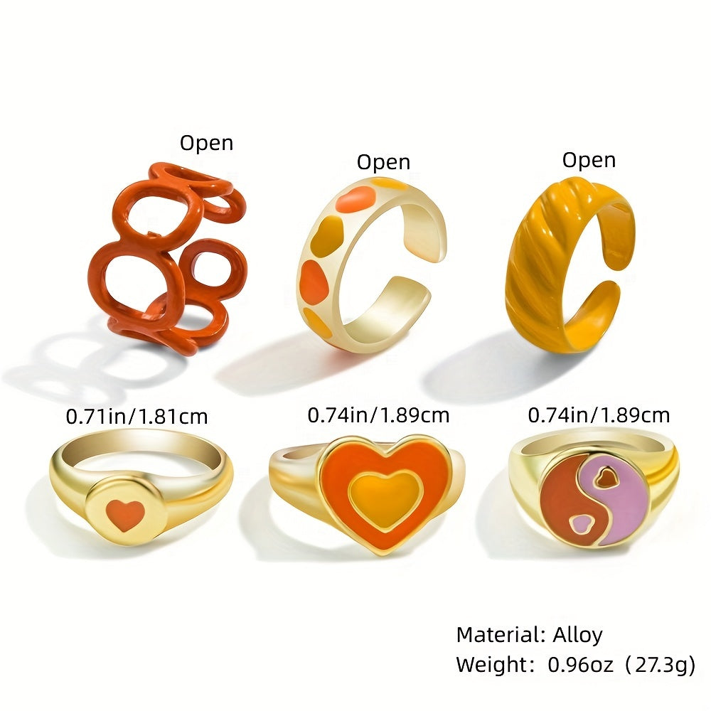 6pcs Cute Ring Set Bright Orange Color Sweet Heart Shape Oil Dripping Craft Adjustable Ring Mix And Match For Summer Vacation Outfits Party Accessories