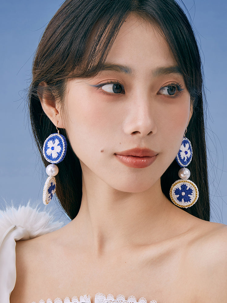 LB Hand Crochet "Piece Flower" Earrings Long Ear Clip LOJL101