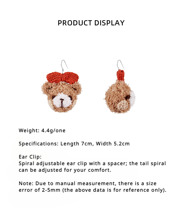 LB Hand Crochet "Teddy Bear" Earrings "Bow Bear" Ear Clip LOJL91