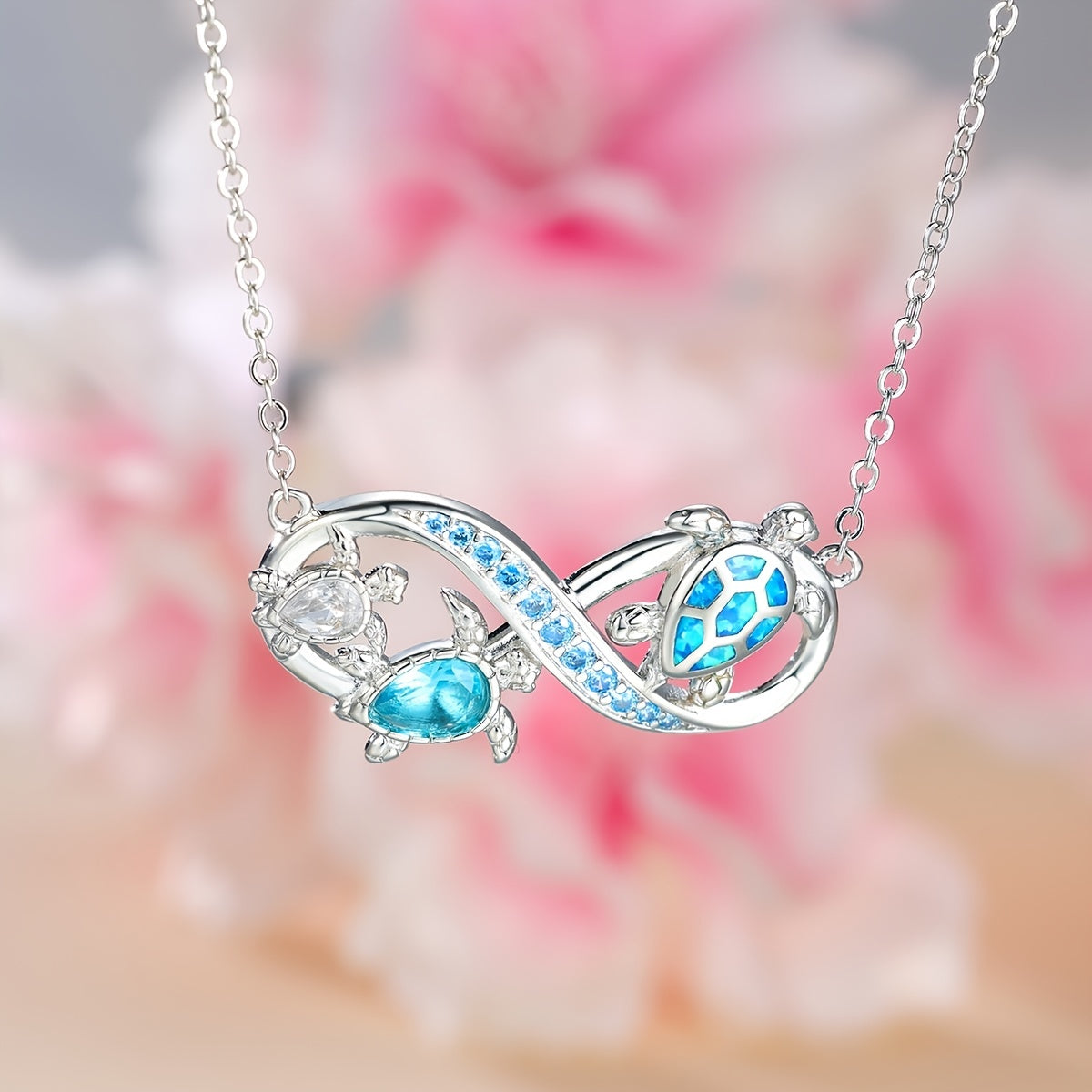 Stunning Blue Opal Turtle Infinity Symbol Pendant Necklace - Perfect Valentine's Day Gift!