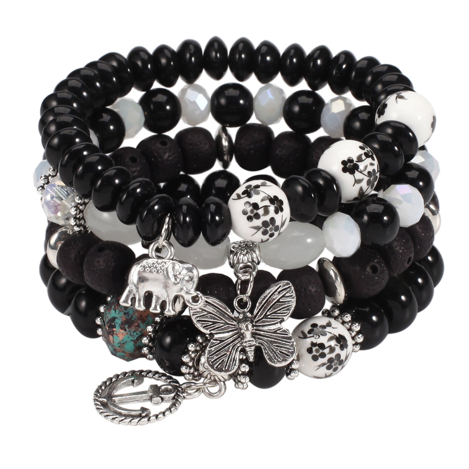 Bohemian Layered Beaded Bracelet with Elephant, Anchor, and Butterfly Pendants