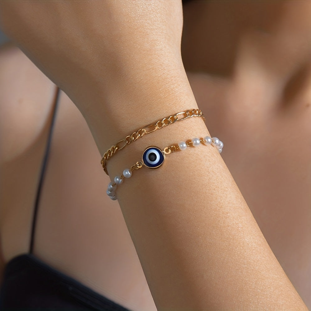 2pcs Devil's Eye Alloy Double Layer Faux Pearl Bracelet For Women Girls Gift
