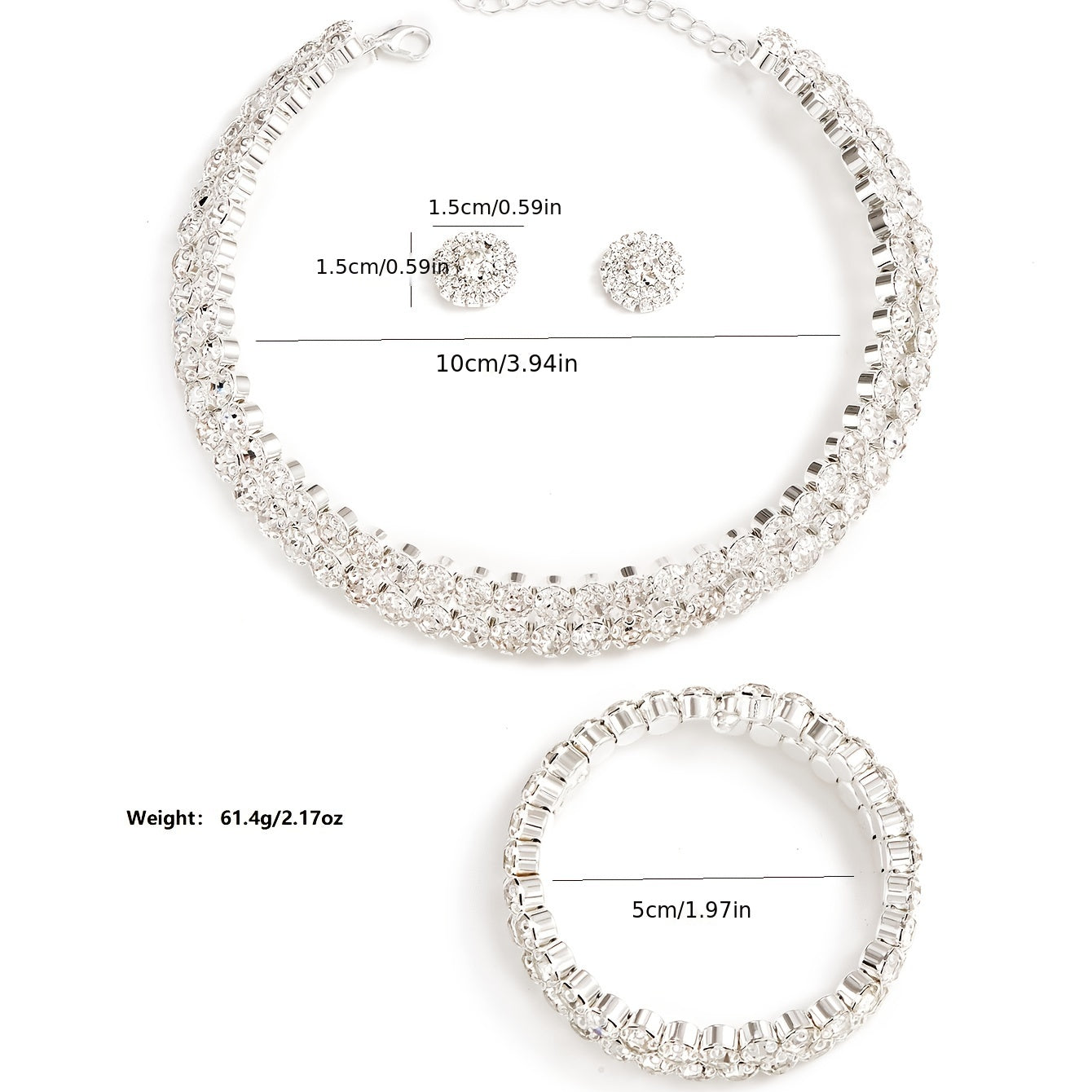 Luxury Women's Double Row Rhinestone Collar Bracelet Earrings 3 Piece Set Jewelry