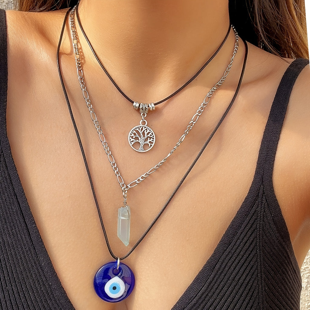 3 Pcs Necklace Set With PU Leather Chain & Hollow Chain Necklace Boho Style Jewelry Set For Women & Girls