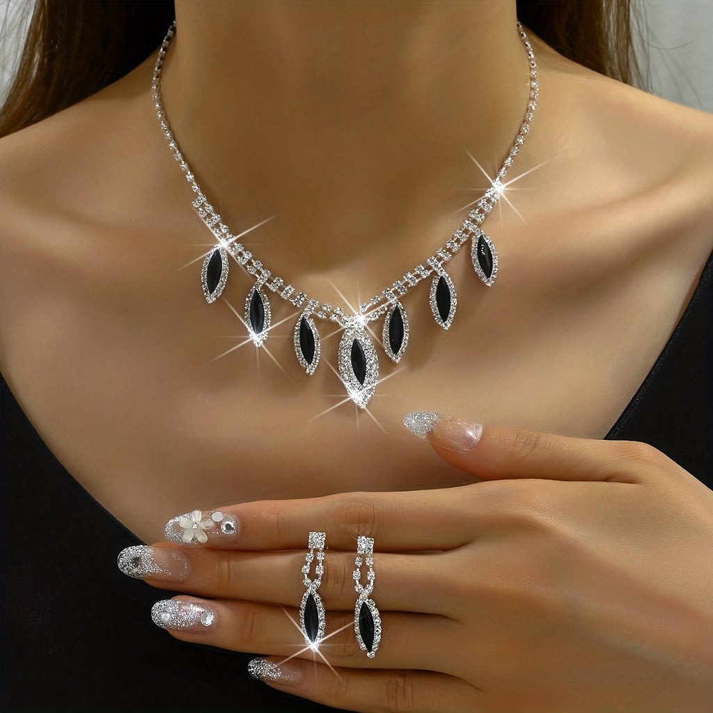 3pcs Earrings Plus Necklace Elegant Jewelry Set Silver Plated Inlaid Rhinestone Trendy Oval Shape Match Evening Party Cocktail Party Outfits