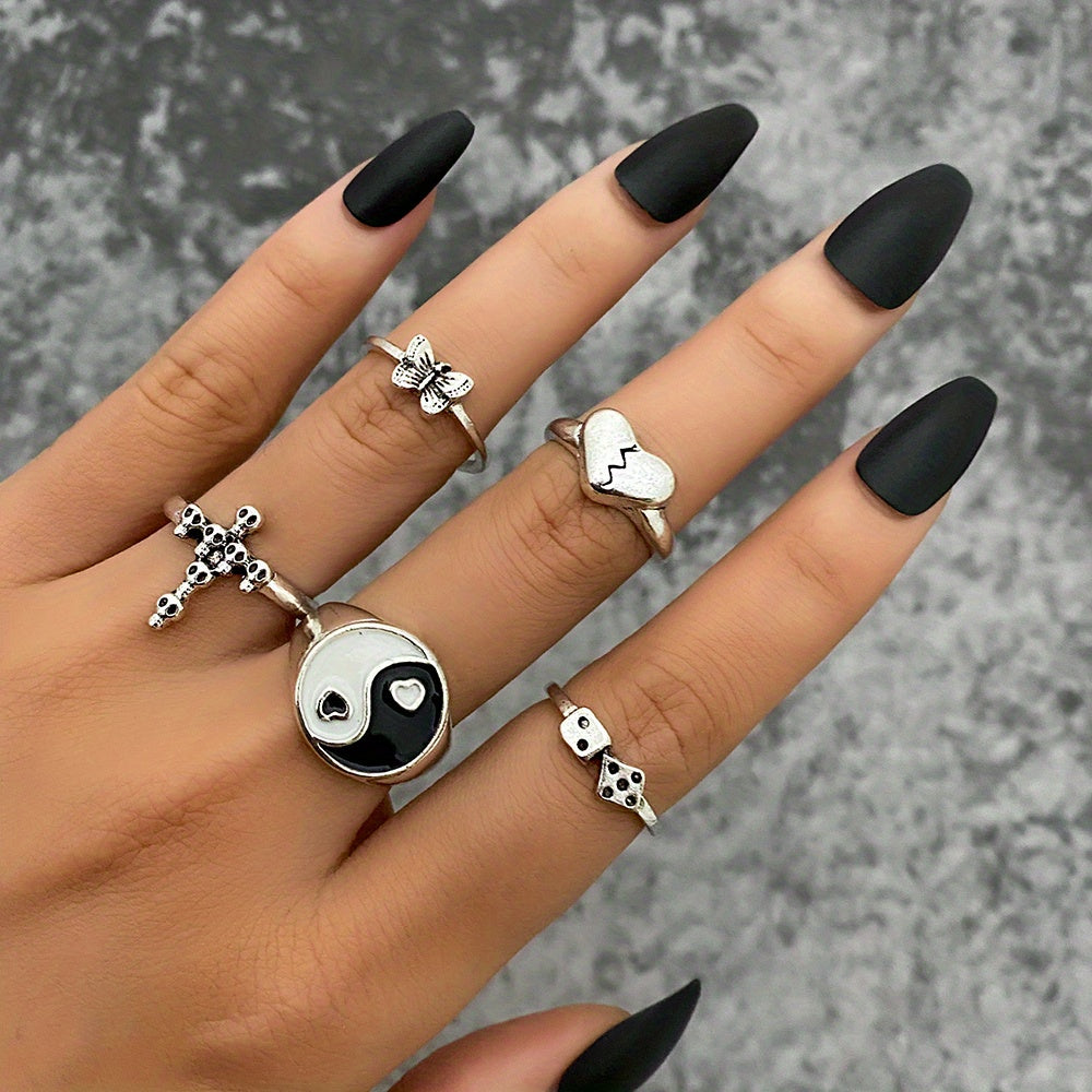 Boho Silvery Ring Set Breaking Heat Devil Face Angel Pattern Daily Decor Gift Party Accessaries