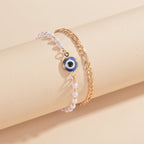 2pcs Devil's Eye Alloy Double Layer Faux Pearl Bracelet For Women Girls Gift