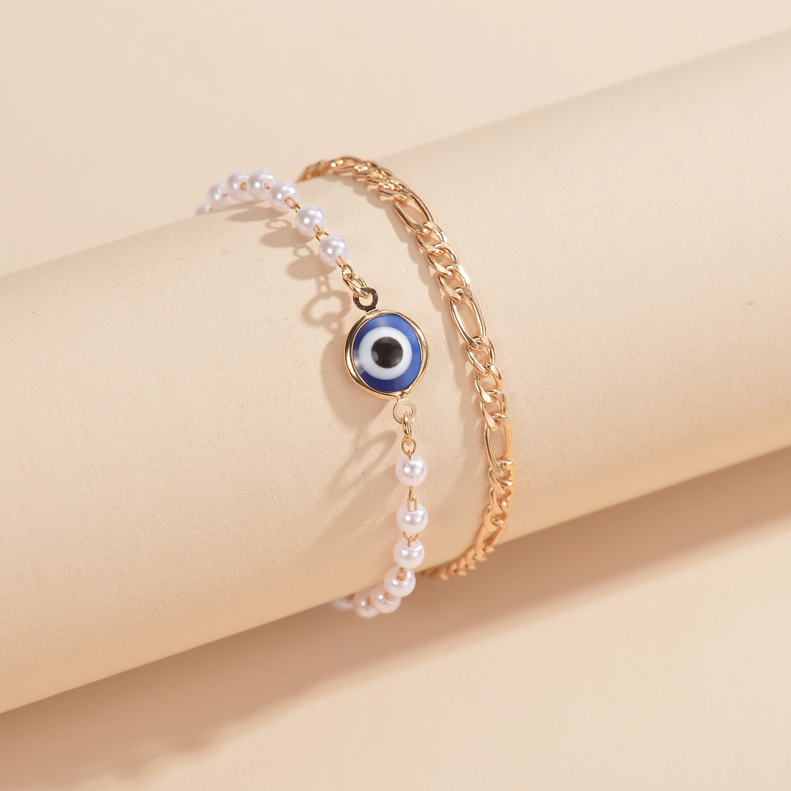2pcs Devil's Eye Alloy Double Layer Faux Pearl Bracelet For Women Girls Gift