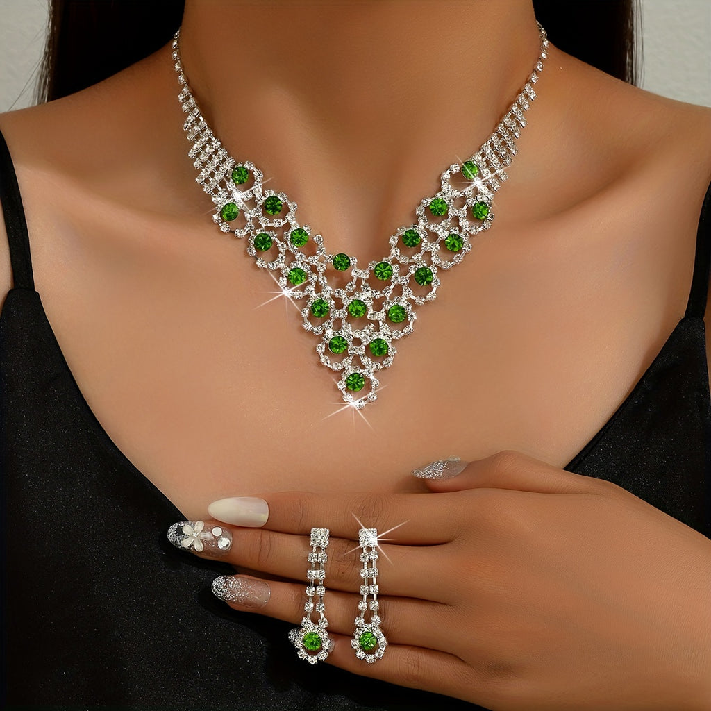 3pcs Elegant Silver Plated Rhinestone Jewelry Set for Evening and Cocktail Parties
