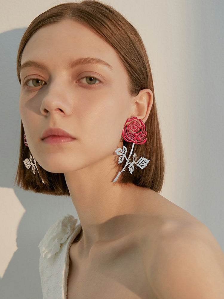 FN 925 Silver Needle Hollow Rose 3D Earrings LOJS125