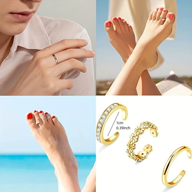 3PCS Toe Ring Set Inlaid Shiny Zircon Flower Etc Shape Pattern Open Toe Ring Foot Jewelry Accessories For Women