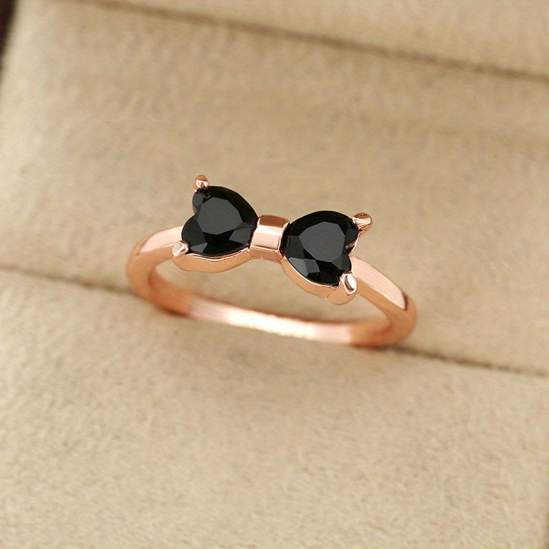 Elegant Ring 14k Gold Plated Inlaid Black Zircon Trendy Bow Knot Shape Cute Decor For Girls Sweet Birthday / Holliday Gift For Her