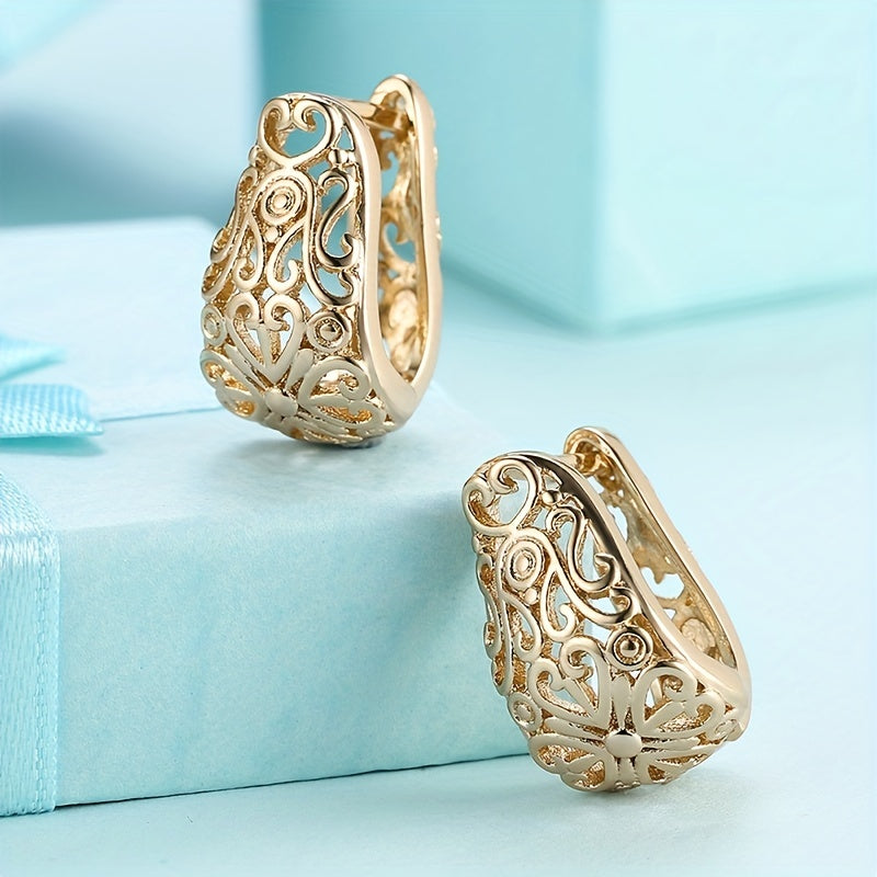 Golden Chunky Hollow Carved Pattern Hoop Earrings Luxury Elegant Style Exquisite Accessories Female Gift