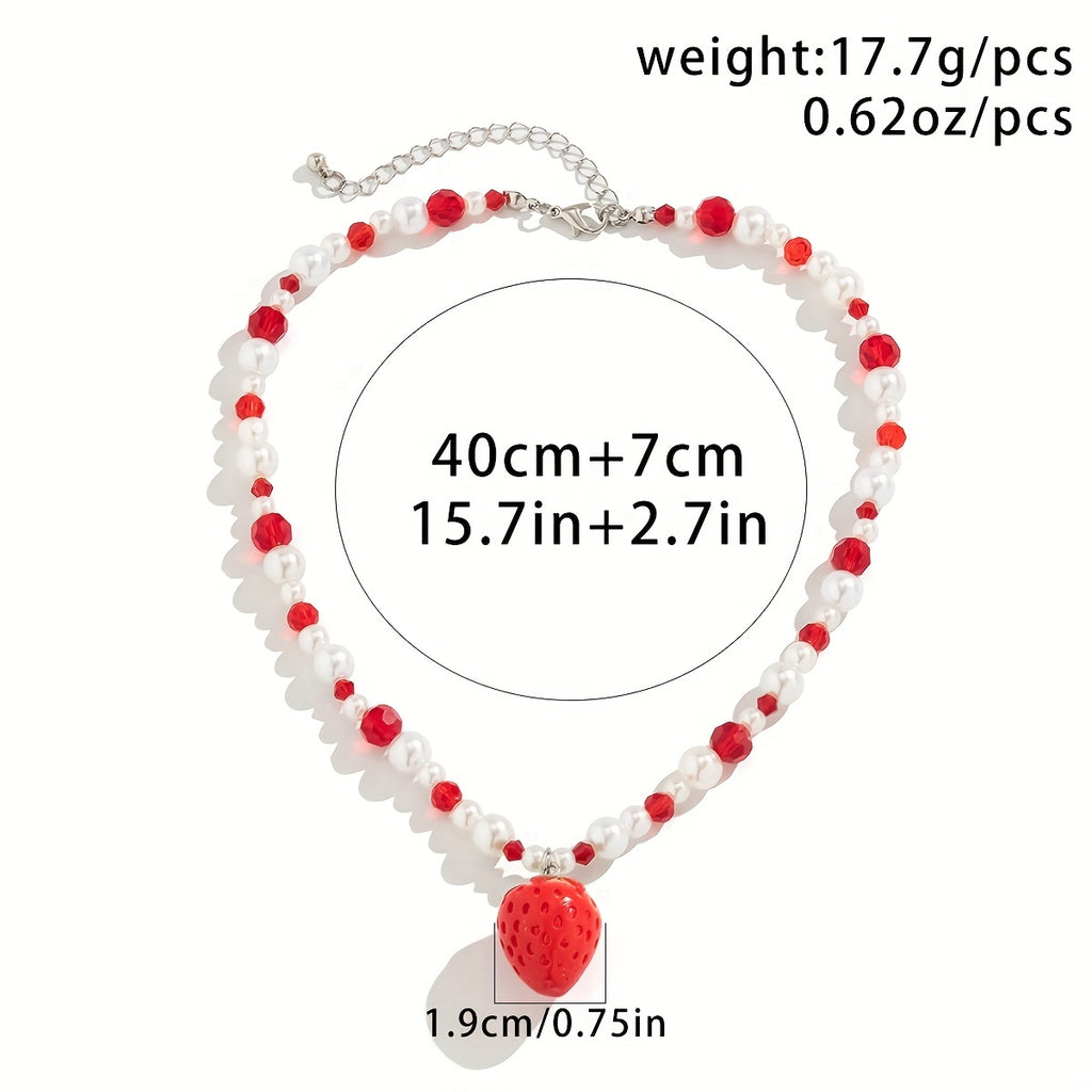 Strawberry Pendant Necklace With Faux Pearl Crystal Beads, Cute Fruit Design Gift Accessories Ornament