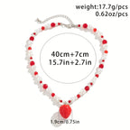 Strawberry Pendant Necklace With Faux Pearl Crystal Beads, Cute Fruit Design Gift Accessories Ornament