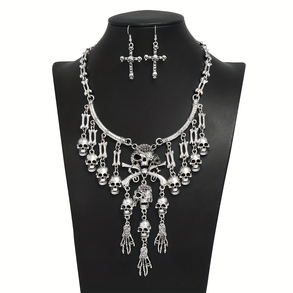 3pcs Earrings Plus Necklace Gothic Style Jewelry Set Trendy Cross And Skull Design Match Daily Outfits Perfect Halloween Accessories