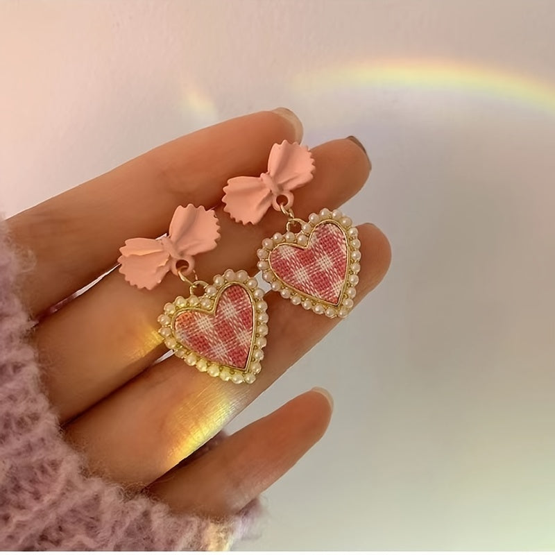 Add a Touch of Love to Your Look with Cute Pink Love Heart Bowknot Dangle Stud Earrings - Perfect Valentine's Day Gift for Women and Girls
