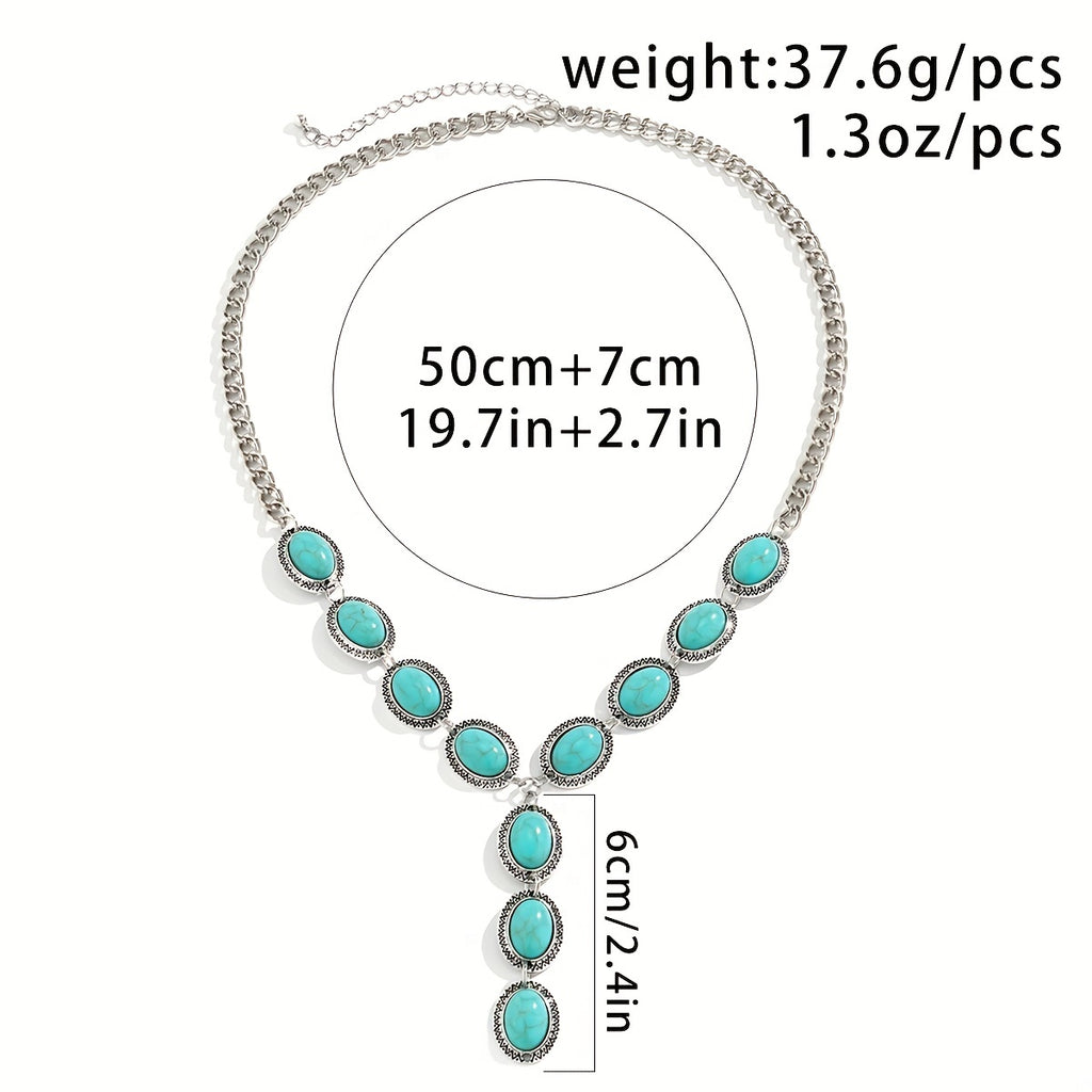 Vintage Western Style Inlaid Turquoise Vacation Beach Ocean Y-Shaped Pendant Necklace For Women Girls Gift