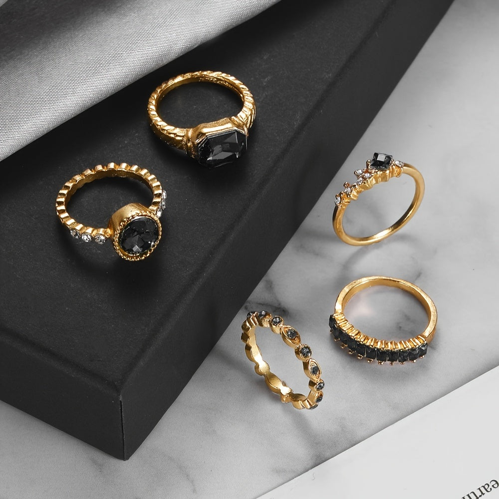 5pcs Vintage Versatile Black Rhinestone Geometric Round Ring Set Valentine's Day Gifts