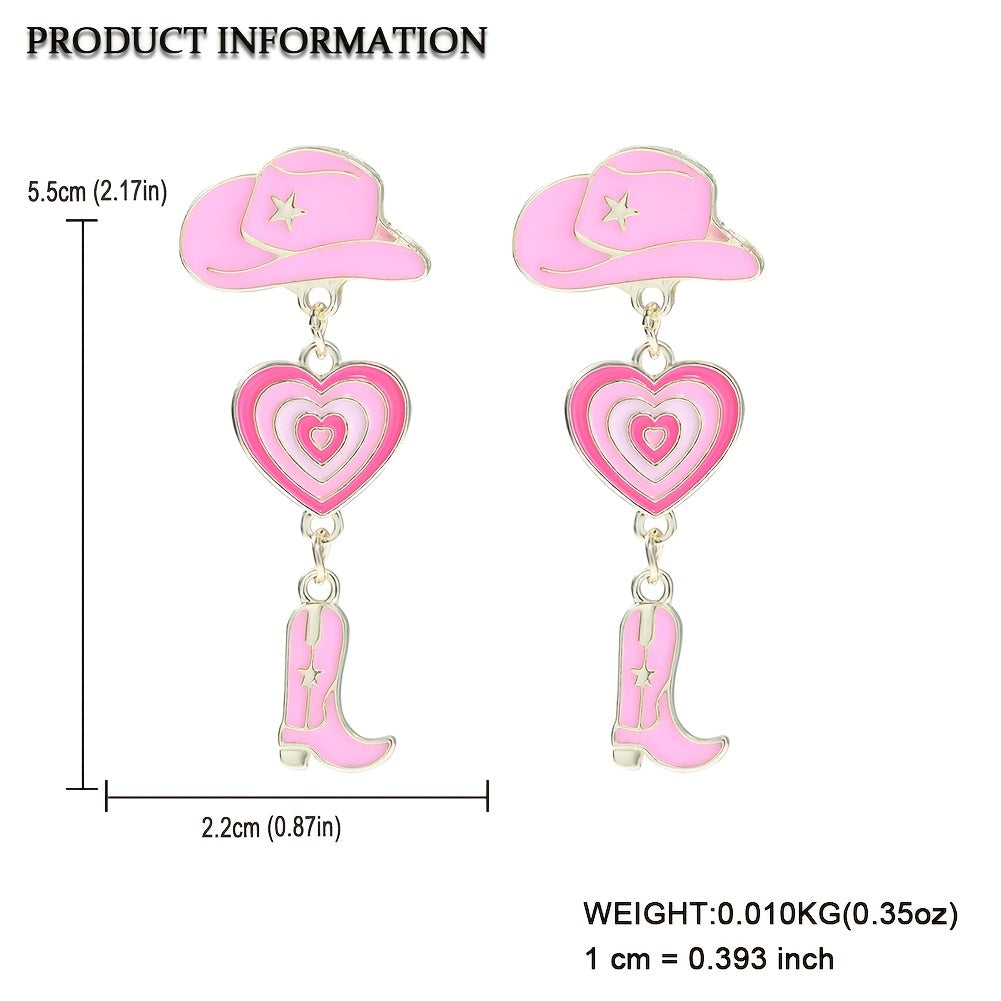 Pink Cowboy Boots Hat Earrings Funny Western Style Ear Jewelry For Women Vacation Decor Accessories