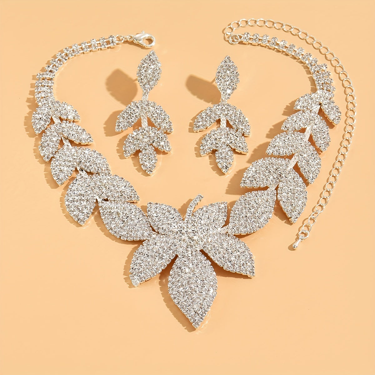 Exquisite Leaf Rhinestone Necklace and Earrings Set for Brides - Perfect Wedding Dress Jewelry Gift