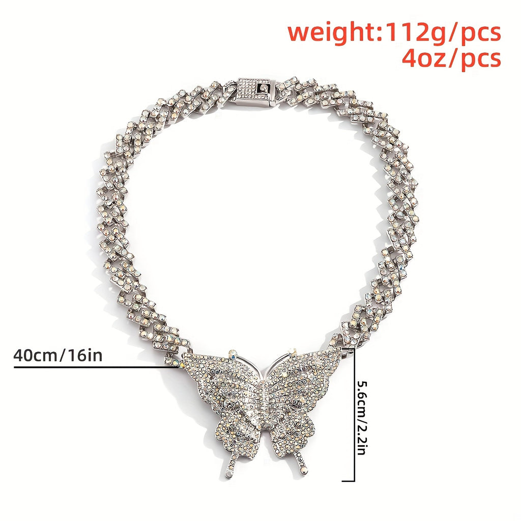Vintage Luxury Cuban Chain Big Butterfly Rhinestones Pendant Necklace Glitter Butterfly Neck Jewelry Gift