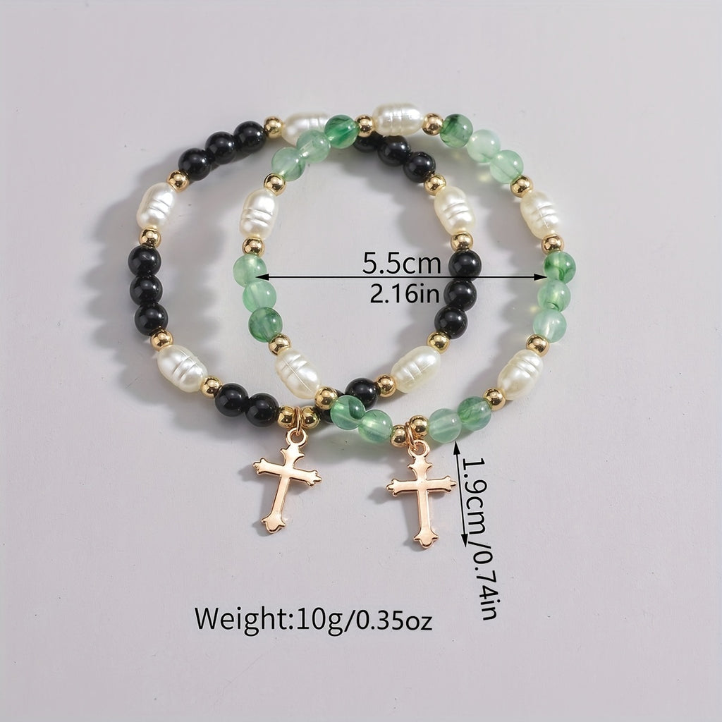 2pcs Cross Alloy Pendant Contrast Color Beaded Bracelet For Women