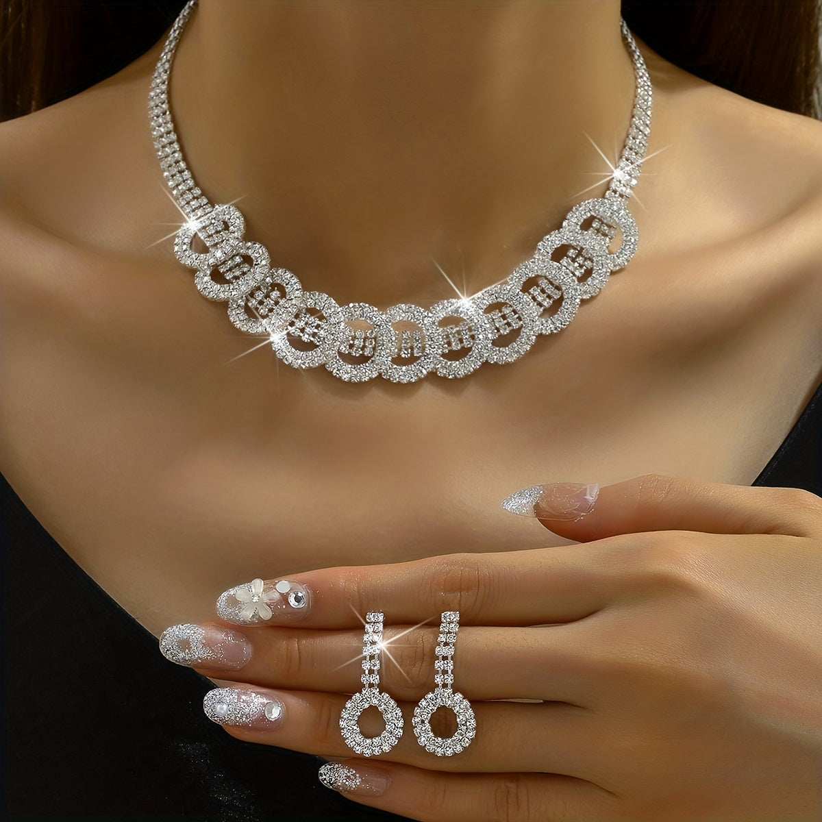 3pcs Earrings Plus Necklace Elegant Jewelry Set Silver Plated Inlaid Rhinestone Engagement Wedding Jewelry For Female Evening Party Decor