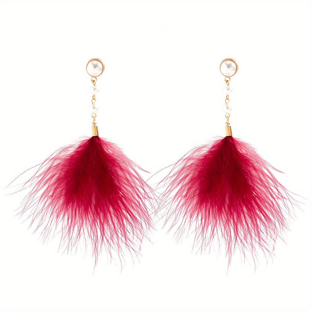 Long Feather Faux Pearl Decor Dangle Earrings Bohemian Vocation Style Trendy Female Gift Daily Casual