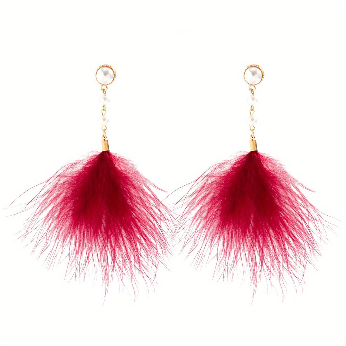Long Feather Faux Pearl Decor Dangle Earrings Bohemian Vocation Style Trendy Female Gift Daily Casual