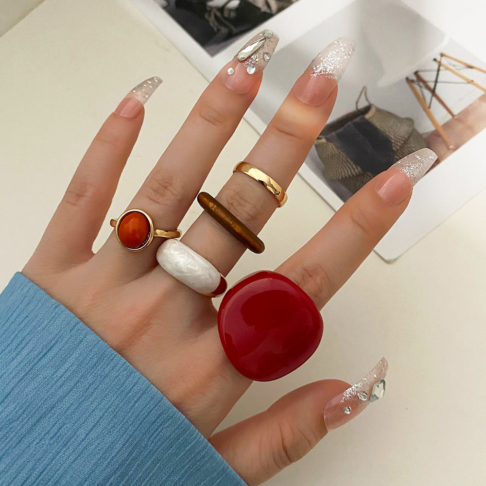 Oval Red Resin Ring Set Of 5