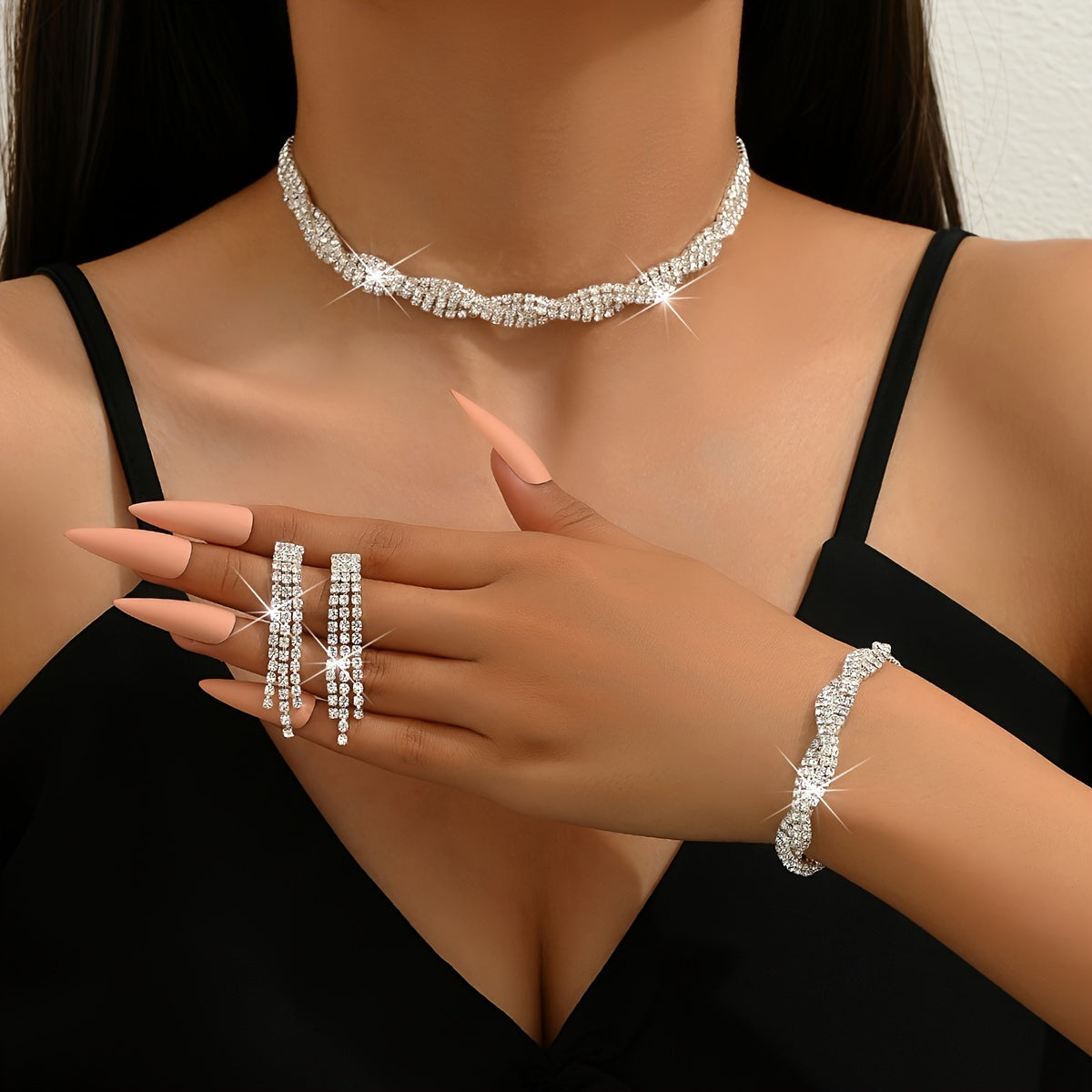 4pcs Necklace Earrings Plus Bracelet Boho Style Jewelry Set Silver Plated Inlaid Rhinestone Trendy Intertwined Design Dainty Party Accessories
