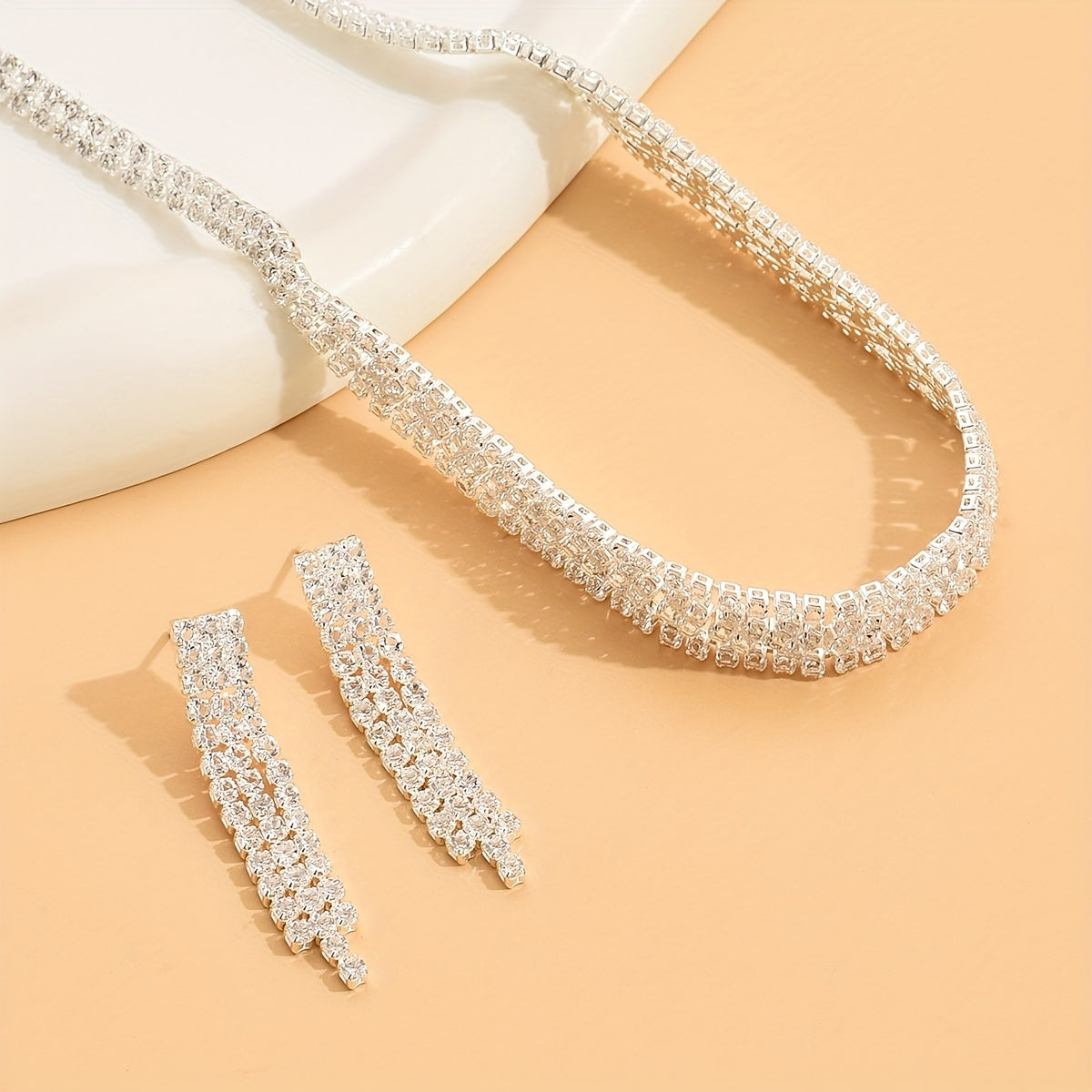 Sparkling Rhinestone Zircon Choker and Earrings Set for Bridal Wedding, Silver Plated Jewelry Gift