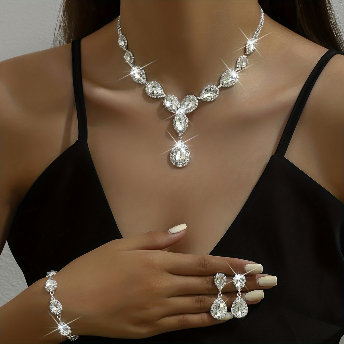 4pcs Earrings Necklace Plus Bracelet Elegant Jewelry Set Silver Plated Inlaid Rhinestone Engagement Wedding Jewelry For Female Evening Party Decor