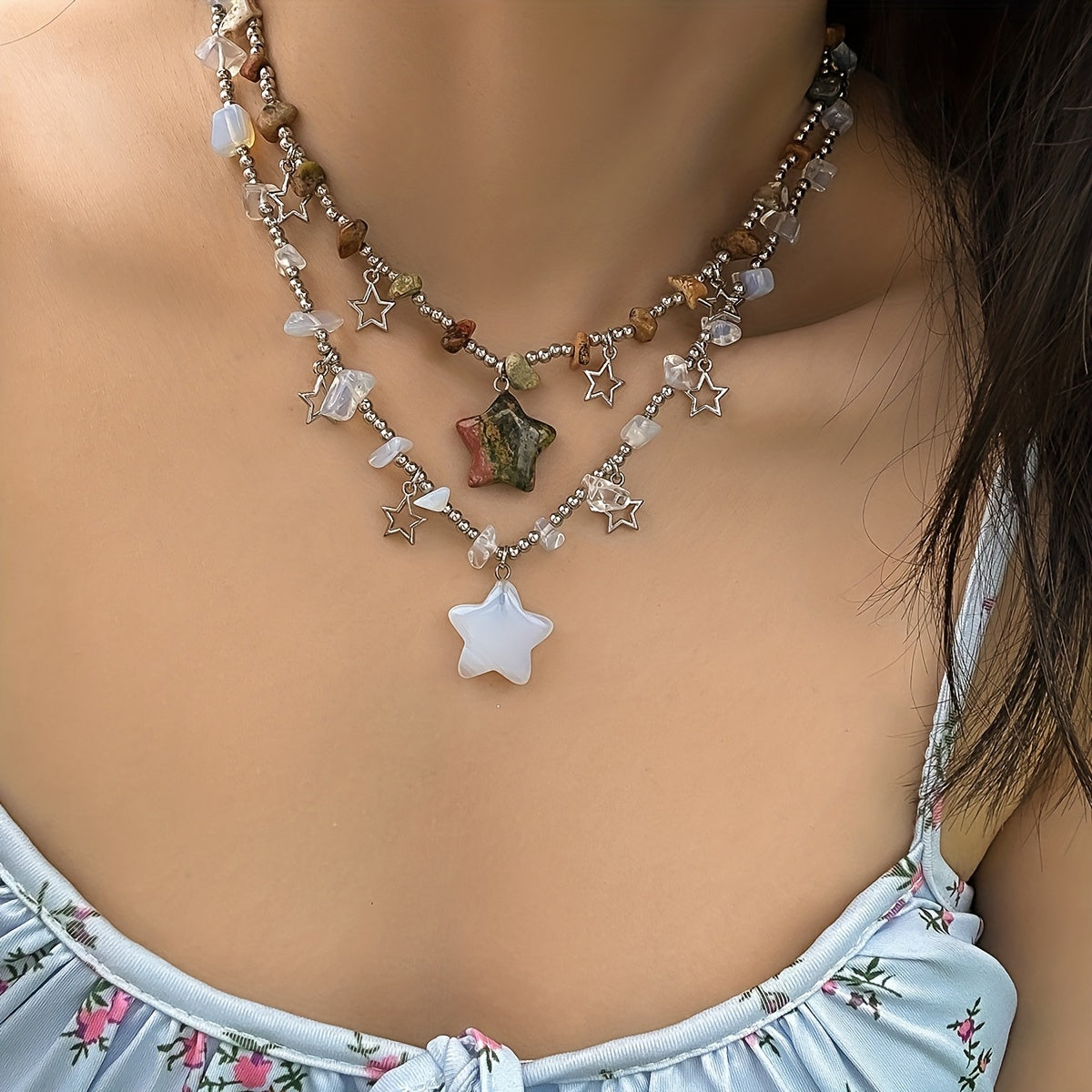 Colorful Irregular Stone Vintage Turquoise Beads Star Pendant Clavicle Necklace For Girls Gift