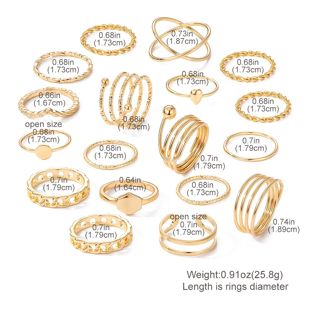18pcs Golden Silvery Geometric Spiral Cross Women's Joint Ring Set