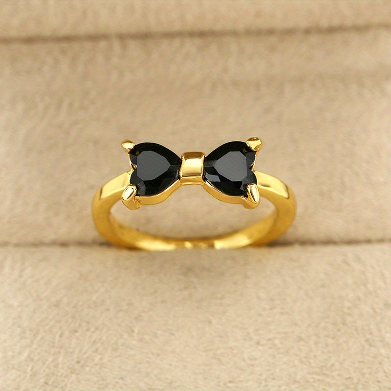 Elegant Ring 14k Gold Plated Inlaid Black Zircon Trendy Bow Knot Shape Cute Decor For Girls Sweet Birthday / Holliday Gift For Her