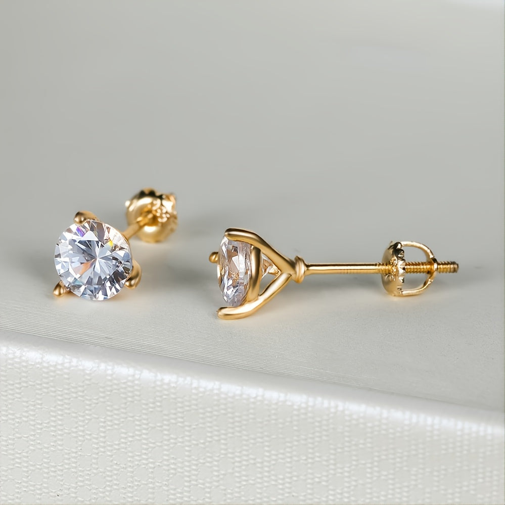 Round Sparkling Zircon Decor Stud Earrings Elegant Simple Style Copper 18K Gold Plated Jewelry Exquisite Female Gift